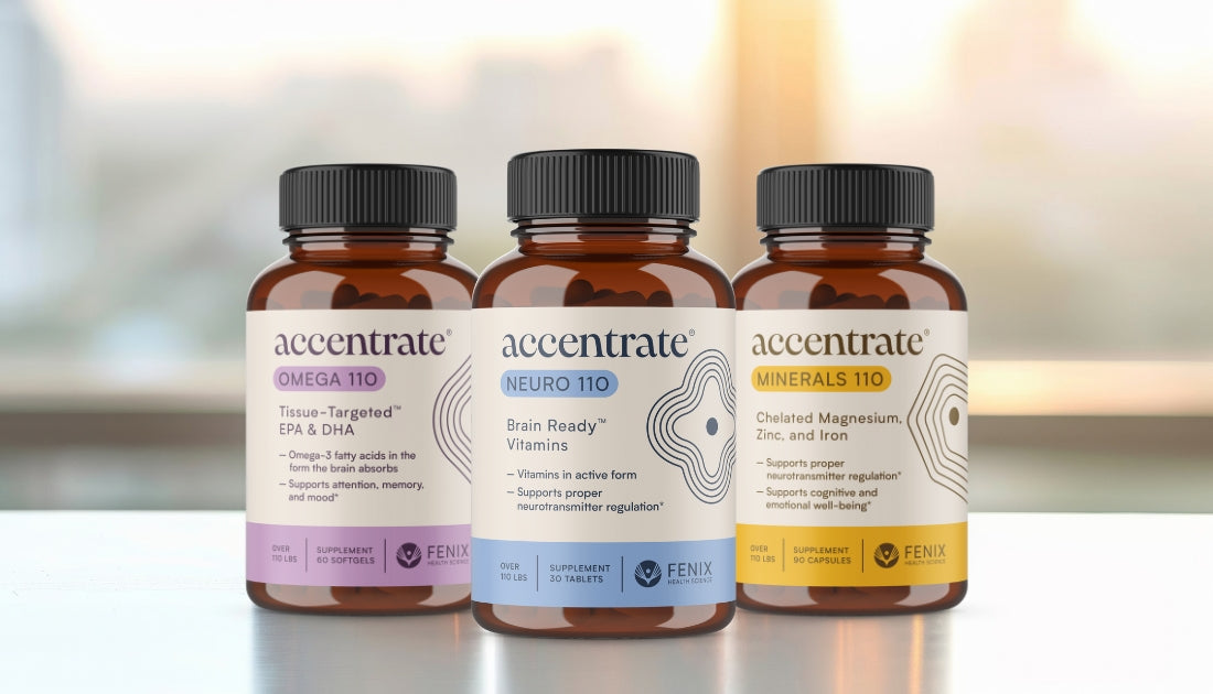 Accentrate® Omega Max softgel supplement by Fenix Health Science with LYSOVETA LPC-EPA and LPC-DHA for maximum brain omega-3 absorption and ADHD support
