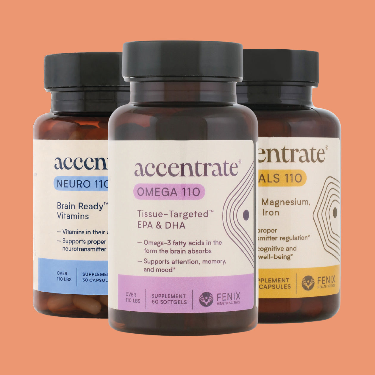 Accentrate® Omega 110, Neuro 110 Capsules, and Minerals 110 Bundle Bundle Fenix Health Science 1 Month Supply